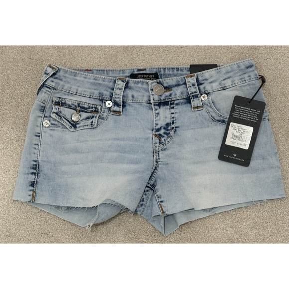 True Religion Joey Big T Short Raw Hem Low Rise Distressed Denim Women's Size 26 - Picture 3 of 11